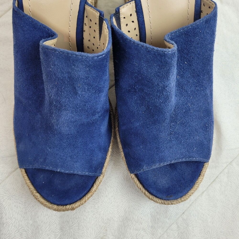 JOHNSTON & MURPHY BLUE SUEDE ESPARTO ROPE HIGH HEEL OPEN TOE WEDGE MULE 10M - Picture 6 of 13